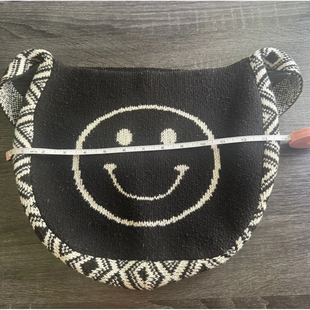 Black Knit Smiley Face Hobo Bag Geometric Diamond Trim Shoulder Bag